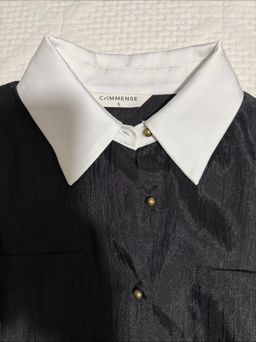 Commense Black Shirt with White Contrast Collar and Gold-Tone Buttons